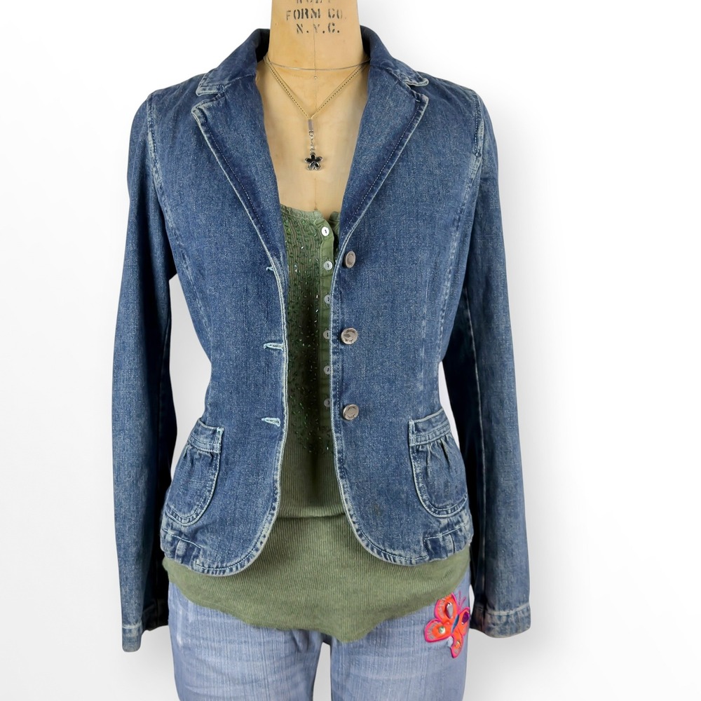 Y2K Denim Blazer Floral Lining Ruffled Pockets Cottagecore Coquette Size S M